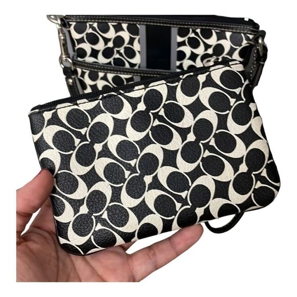 Coach 3 Piece Set F43893 Black White Heritage Signature Swing Pack Bag Wristlet - Picture 10 of 15